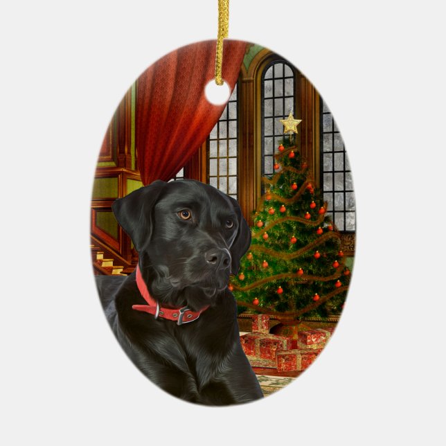Black Lab Christmas Ceramic Ornament (Front)