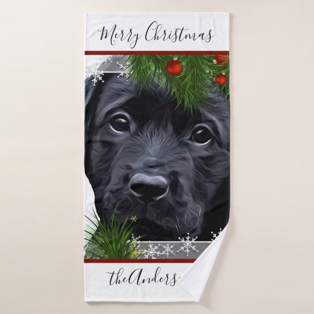 Black Lab Christmas - Personalized Puppy Labrador Bath Towel (Bath Towel)