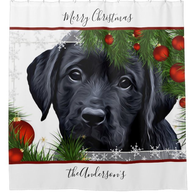 Black Lab Christmas - Personalized Puppy Labrador Shower Curtain (Front)