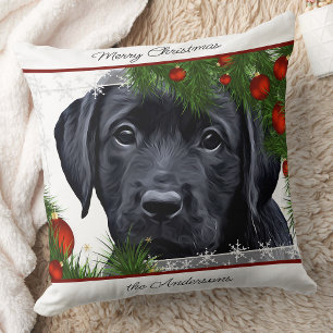 Black Lab Christmas - Personalized Puppy Labrador Throw Pillow