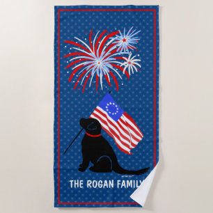 Black Lab Dog American Flag Beach Towel