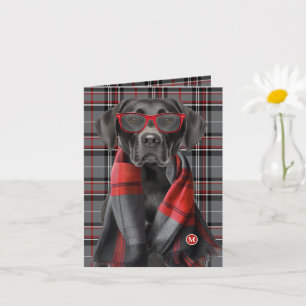 Black Lab Dog and Red Gray Plaid Monogrammed Card