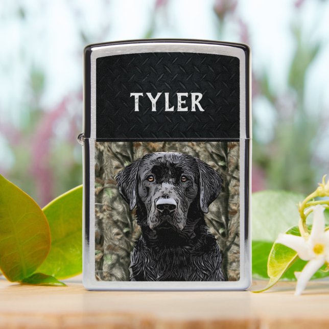 Black Lab Dog Camo Duck Hunting Retriever  Zippo Lighter (On Table)
