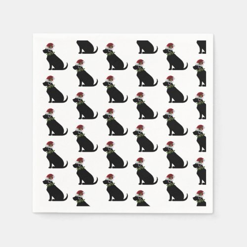 Black Lab Dog Christmas Santa Hat Holly Modern Napkins