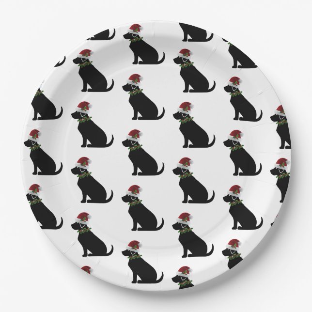 Black Lab Dog Christmas Santa Hat Holly Modern  Paper Plates (Front)