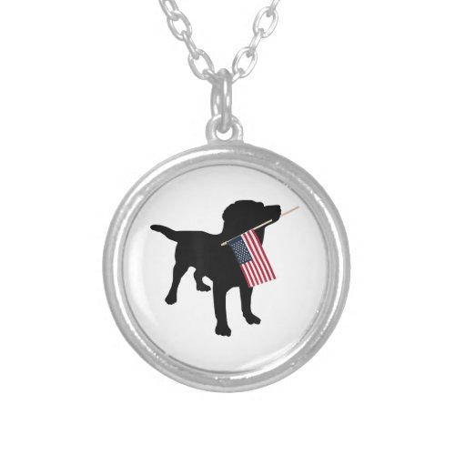Black Lab Dog Holding July 4th Patriotic USA Flag Silver Plated Necklace