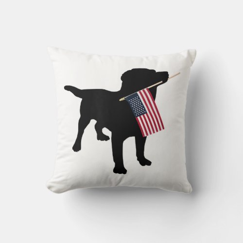 Black Lab Dog Holding July 4th Patriotic USA Flag Throw Pillow