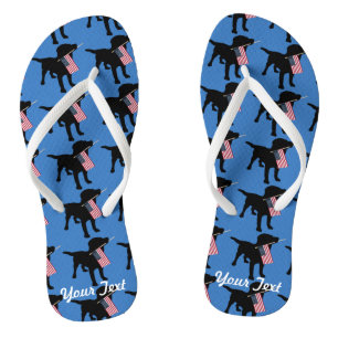 Black Lab Dog holding USA Flag, 4th of July custom Flip Flops