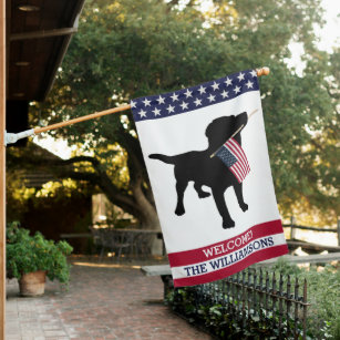 Black Lab Dog Holding USA Flag Custom Name Welcome