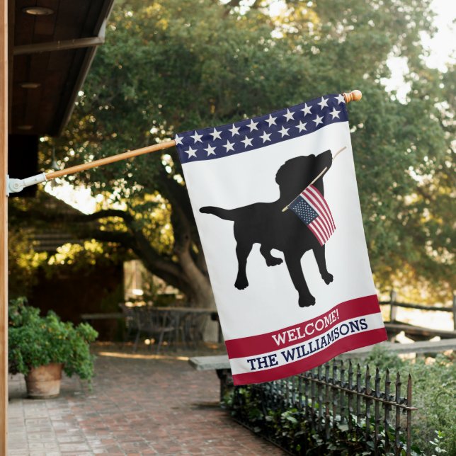 Black Lab Dog Holding USA Flag Custom Name Welcome (In SItu)