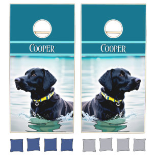 Black Lab Dog in Water Monogram Cornhole Set