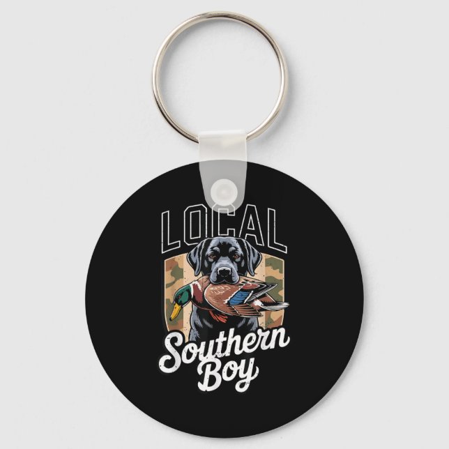 Black Lab Dog Local Southern Boy Camo Duck Hunting Keychain (Front)