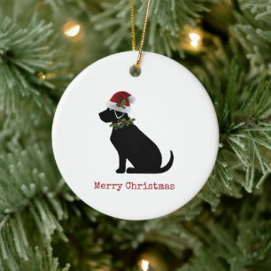 Black Lab Dog Merry Christmas Santa Hat Holly Fun Ceramic Ornament