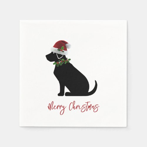 Black Lab Dog Merry Christmas Santa Hat Holly  Napkins