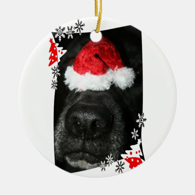 Black lab dog nose with santa hat photograph ceramic ornament (Front)
