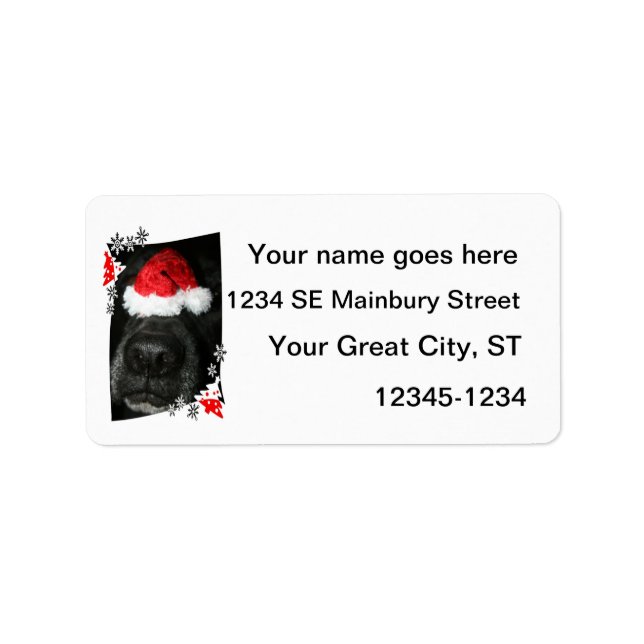 Black lab dog nose with santa hat photograph label (Front)