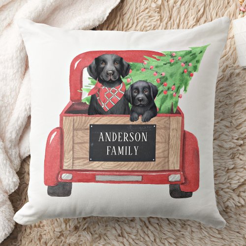Black Lab Dog Puppy Christmas Vintage Red Truck Throw Pillow