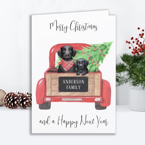 Black Lab Dog Puppy Merry Christmas Red Truck Holiday Card