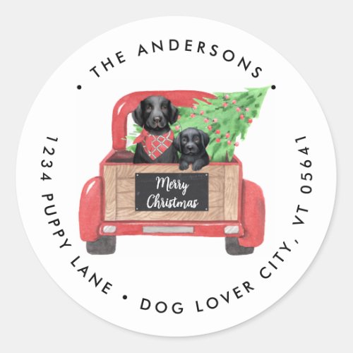 Black Lab Dog Red Christmas Truck Return Address Classic Round Sticker