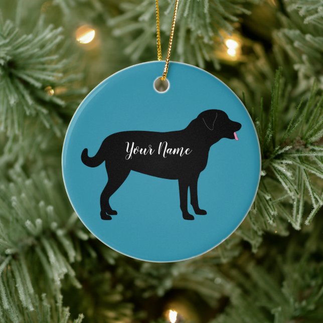 Black Lab Dog Silhouette Personalized Name  Ceramic Ornament (Tree)