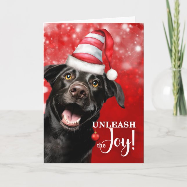 Black Lab Dog Unleash the Joy Christmas Holiday Card (Front)