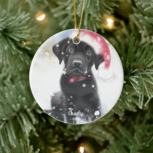 Black Lab Dog Wearing Santa Hat Custom Name Year Ceramic Ornament