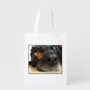 Black Lab Dog With Butterfly Reusable Grocery Bag by ironydesignphotos at Zazzle