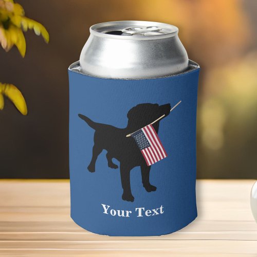 Black Lab Dog with USA American Flag 4th of July Can Cooler