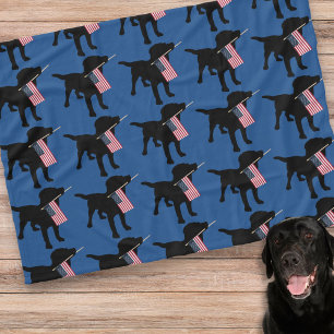 Black Lab Dog with USA American Flag, 4th of July Fleece Blanket
