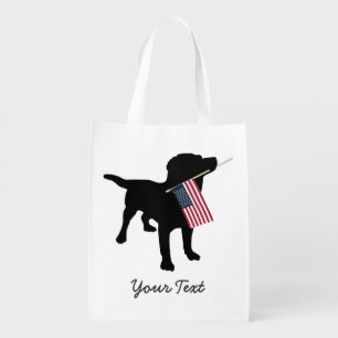 Black Lab Dog with USA American Flag, 4th of July Reusable Grocery Bag