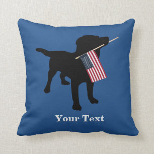 Black Lab Dog with USA American Flag, 4th of July Throw Pillow