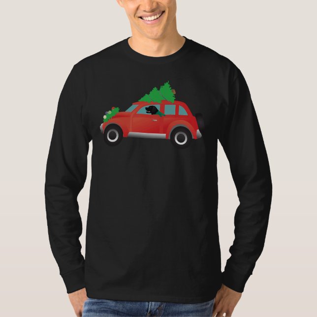 Black Lab Driving Red Christmas Car With Tree On T T-Shirt (Front)