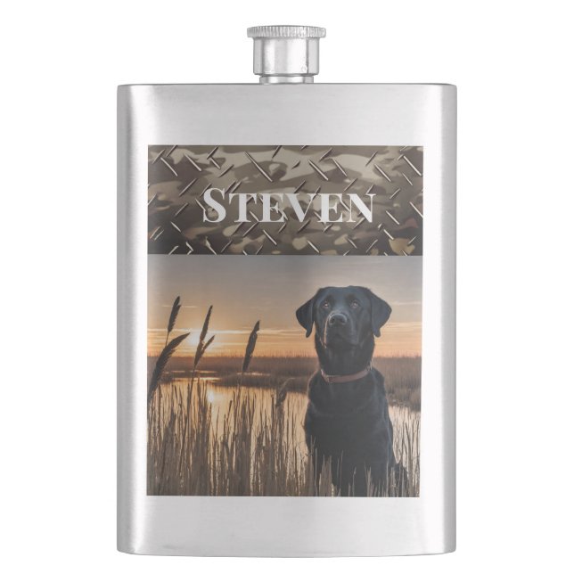Black Lab Duck Hunting Marsh Camo Outdoors Dog Flask (Front)