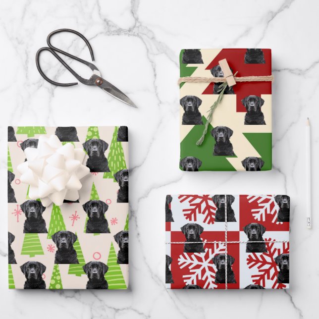 Black Lab Festive Christmas Dog Wrapping Paper Sheets (Front)
