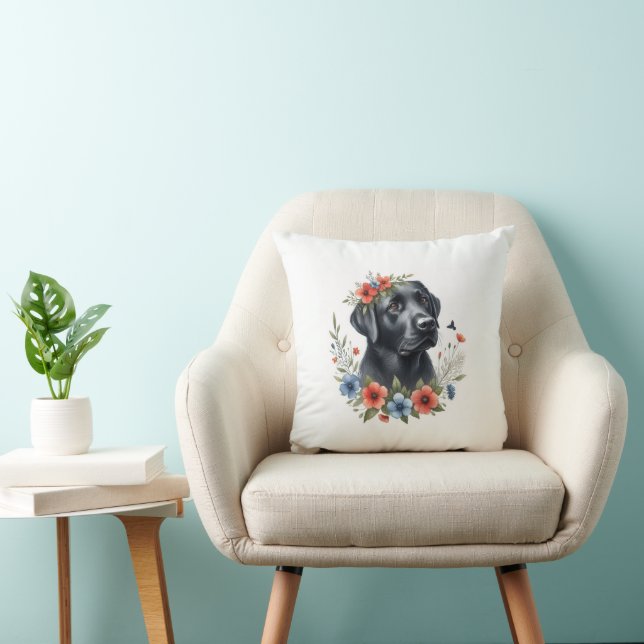 Black Lab Floral Throw Pillow (Chair)