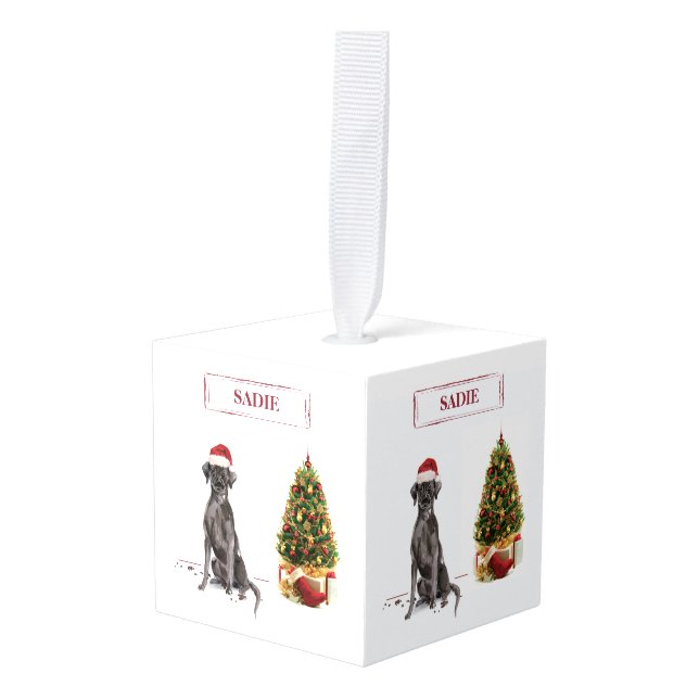 Black Lab Funny Christmas Dog and Tree Cube Ornament (Front Angled)