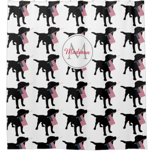 Black Lab holding USA American Flag Monogrammed Shower Curtain