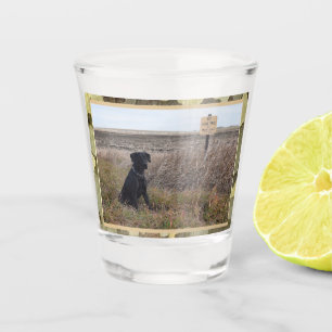 Black Lab Hunting Dog With Camo Trim Shot Glass