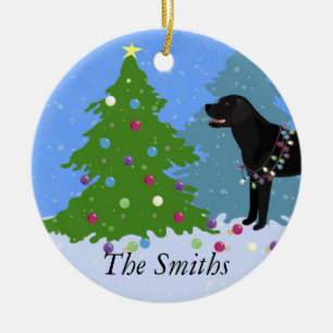 Black Lab in the Forest Decorating Christmas Tree Ceramic Ornament
