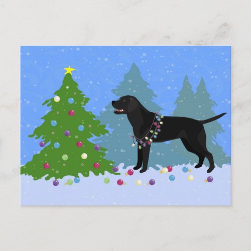 Black Lab in the Forest Decorating Christmas Tree Holiday Postcard