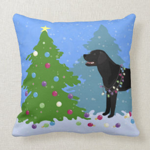 Black Lab in the Forest Decorating Christmas Tree Throw Pillow