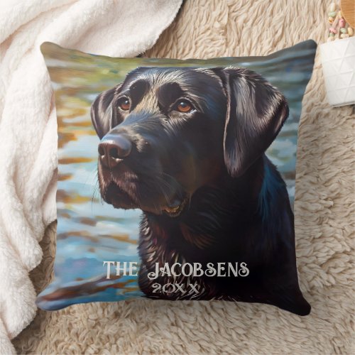 Black Lab In Water Throw Pillow