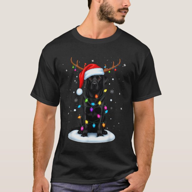 Black Lab Labrador Christmas Dog Reindeer Lights P T-Shirt (Front)