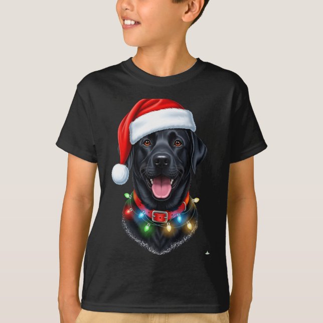 Black Lab Labrador Christmas Dog Santa Hat Light P T-Shirt (Front)