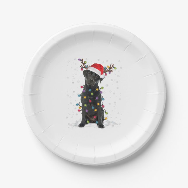 Black Lab Labrador Christmas Tree Light Pajama Dog Paper Plates (Front)