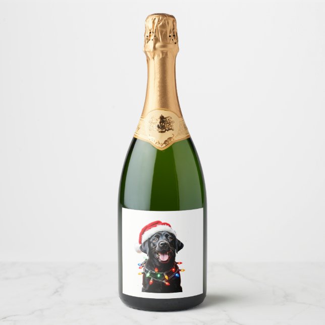 Black Lab Labrador Christmas Tree Light Pajama Dog Sparkling Wine Label (Front)