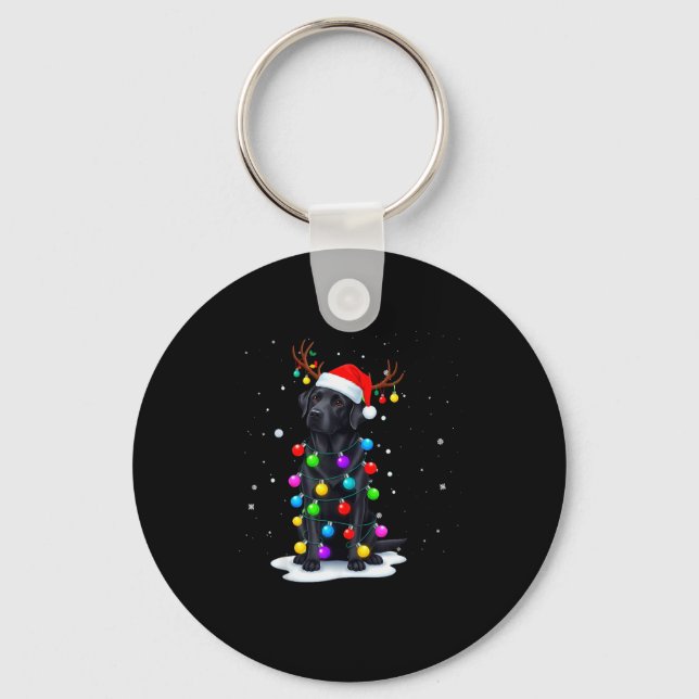 Black Lab Labrador Dog Funny Christmas Lights Rein Keychain (Front)