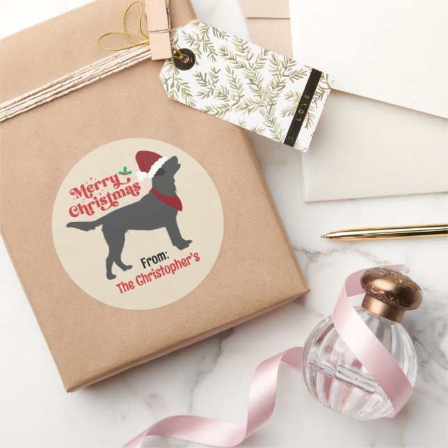 Black Lab Labrador Merry Christmas Classic Round Sticker (Gifting)