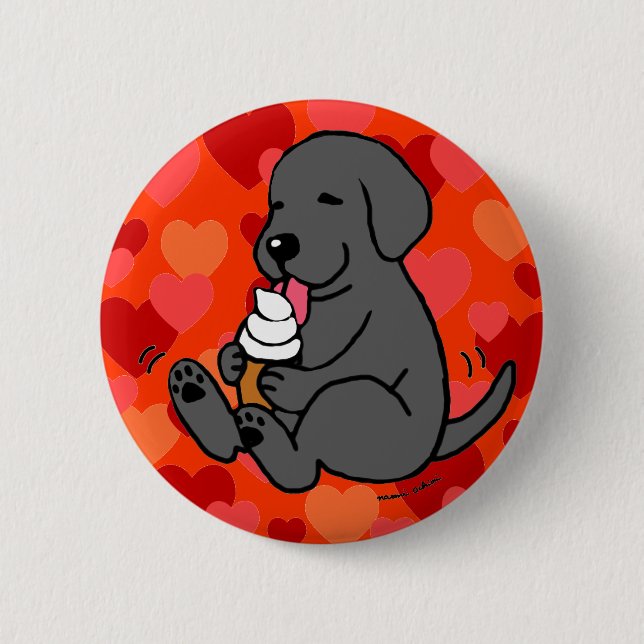 Black Lab Licking Ice Cream with Hearts Pinback Button (Front)