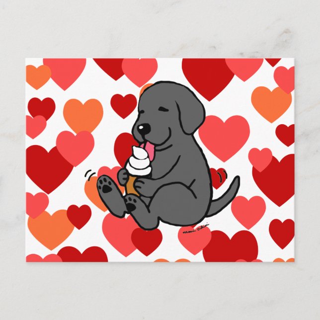 Black Lab Licking Ice Cream with Hearts Postcard (Front)